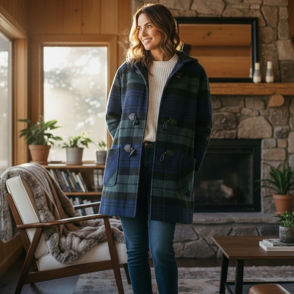 Vintage Jackets & Blazers - Vintage CountrySide Wool Blend Plaid Long Chic Barn Utility Toggle Hooded Coat
